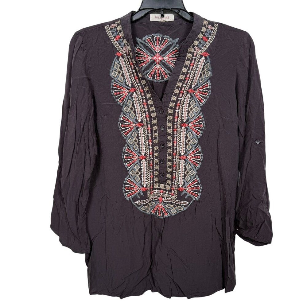 Solitaire Top Blouse Small Dark Gray Embroidered Boho Rayon